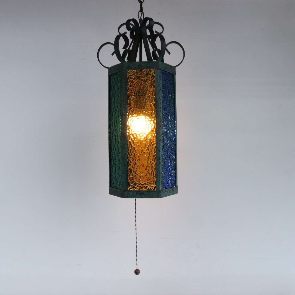 60s 70s ヴィンテージ ステンドグラス ペンダントランプ /アメリカ アンティーク 吊り下げランプ 照明 USA ライト 六角形#610-20-13-536拍卖