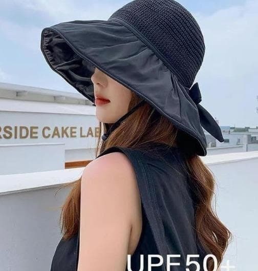 【人気商品】つば広ハット 紫外線対策 リボン UVカット 帽子 ブラック フリー拍卖