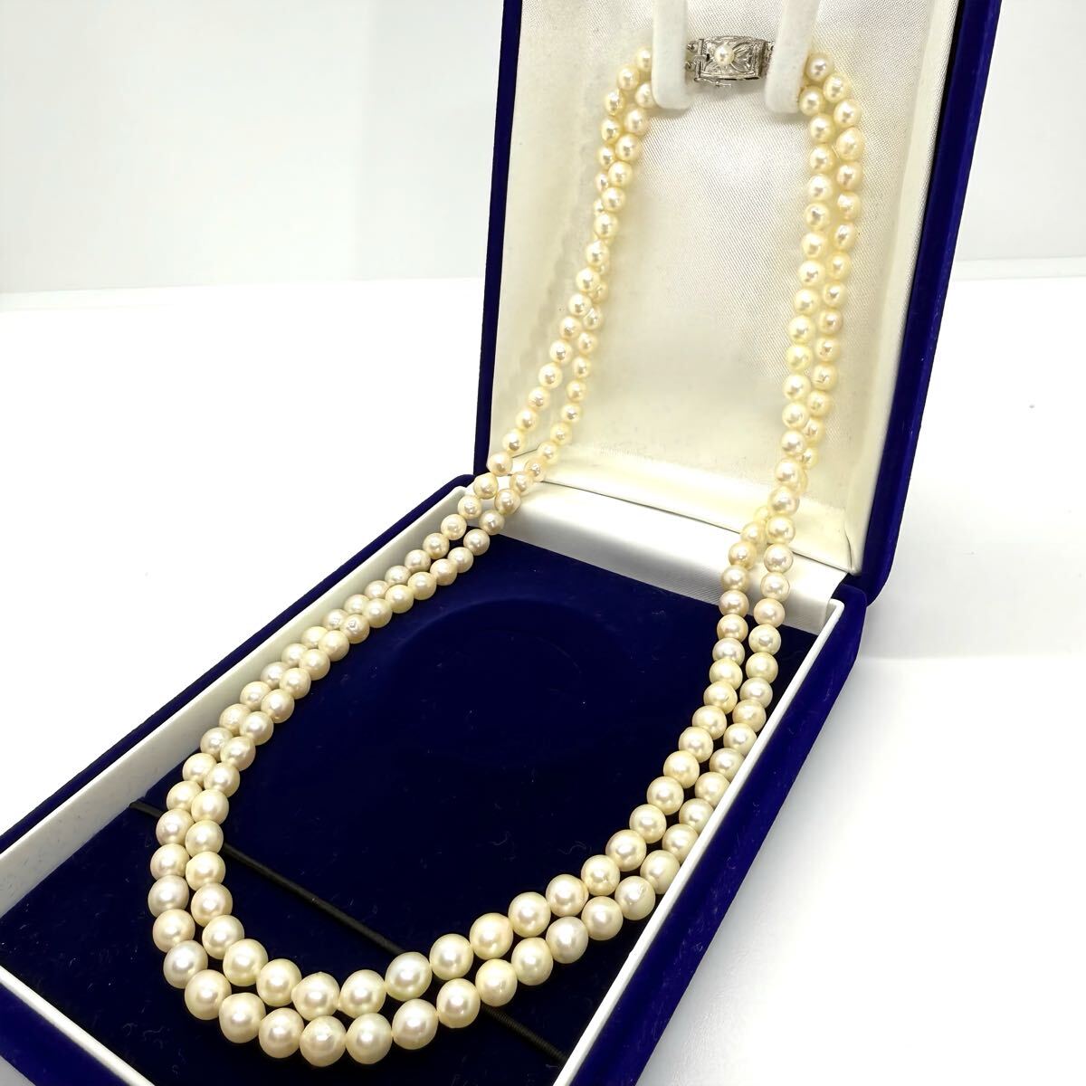 約4.7~5.2mm玉 あこや アコヤ パール 真珠 2連 ネックレス アクセサリー SILVER シルバー 全長約45.5cm 重量約34g ホワイトクリーム系拍卖