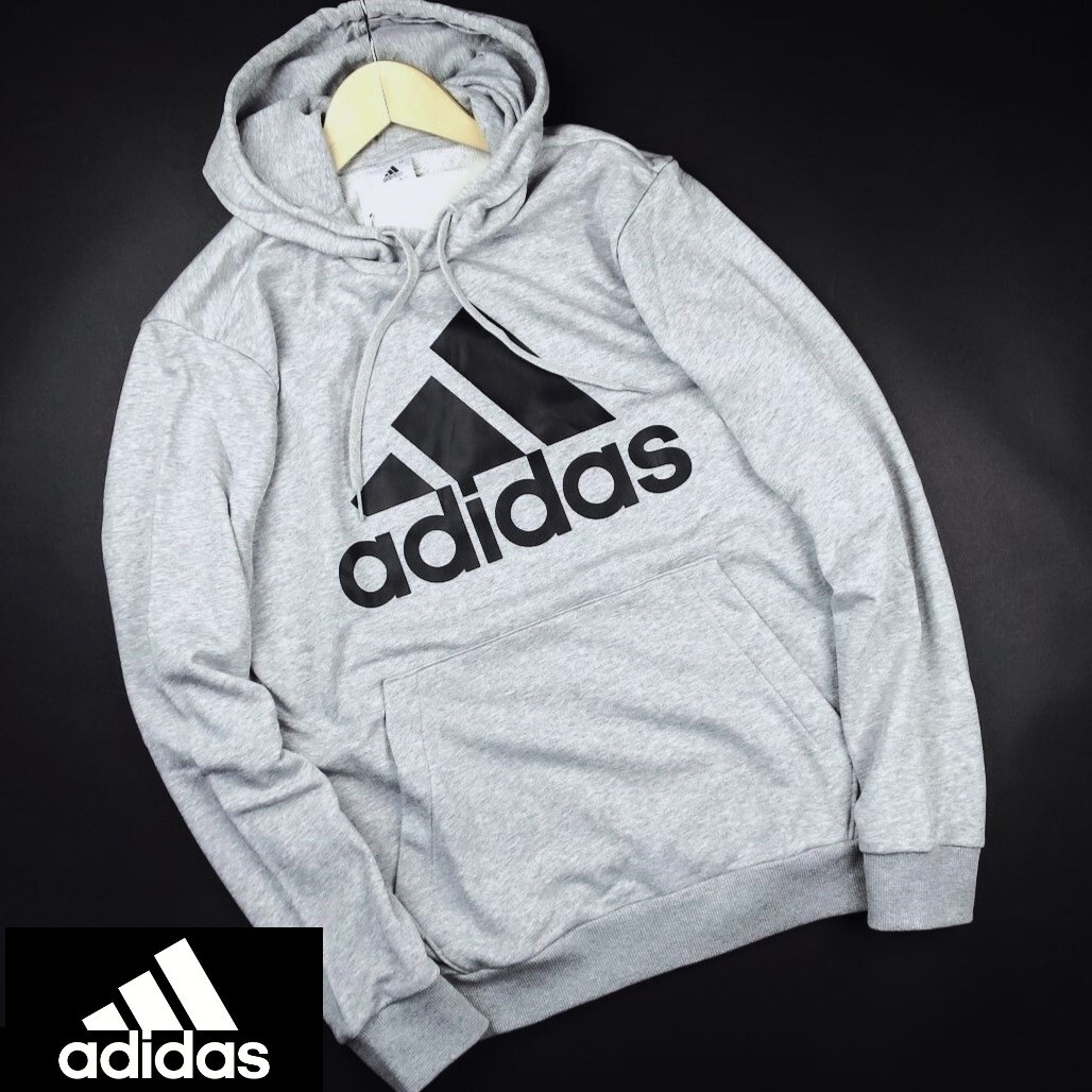 新品 ★ アディダス adidas ESSENTIALS フレンチテリー ビッグロゴ プルパーカー フーディー 217/541灰/O【XL】拍卖