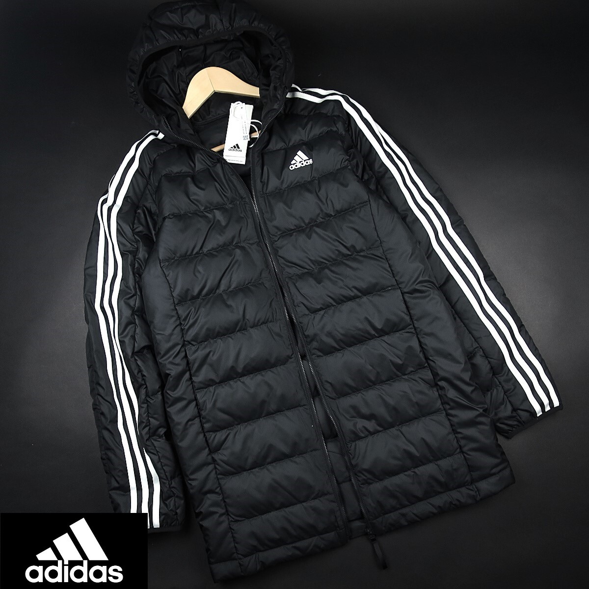 新品 ★ アディダス adidas エッセンシャルズ スリーストライプス ライトダウン フード付きジャケット G48/522黒/【L】拍卖