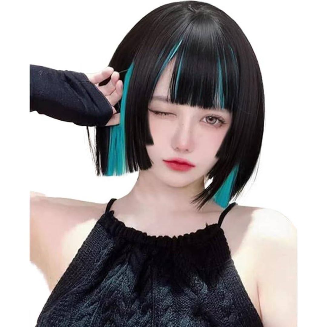 ★ウィッグ ボブ ショート 姫カット フルウィッグ かつら 姫髪 ストレート ブラック&シアン拍卖