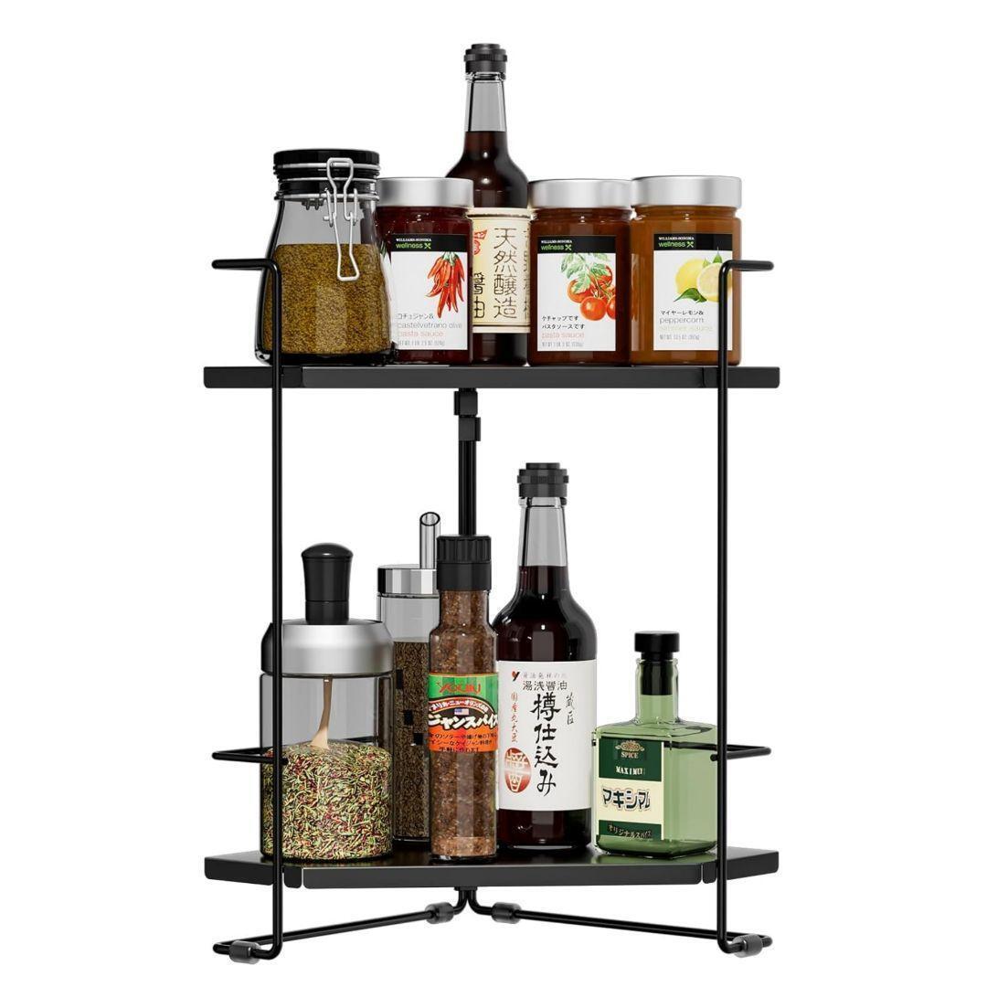 ★調味料収納ラック 高さ調整可能 スパイスラック キッチン 大容量 2段 黒拍卖