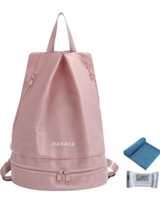 ▲プールバッグ ナップサック リュック 4ルーム プール 防水 シューズ収納可能 冷感タオルと使い捨てタオル付き(ピンク) 拍卖