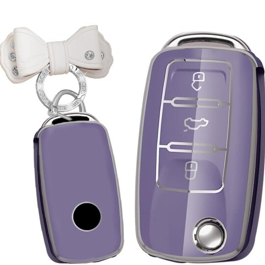 ▲フォルクスワーゲン用 3ボタン キーチェーン VW向け シリコン パサート B5 B6 ジェッタ Mk1 2 3 4 5 6などに適応 紫※少し黄ばみあり拍卖
