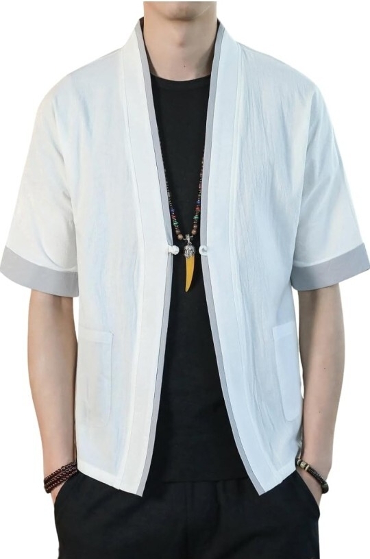 ▲メンズ カーディガン 【麻のようなさらっとした肌触り】 薄手 シャツ 半袖和式 五分袖 無地 カジュアル ポケット (Lサイズ、ベージュ)拍卖