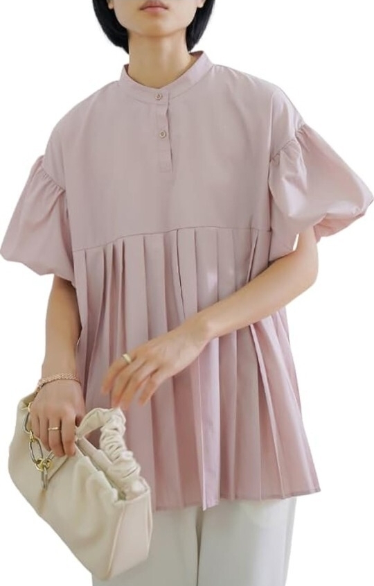 ▲プリーツシャツ レディース トップス ブラウス バルーン袖 シルエット プリーツ リジナル シンプル ボリュームタックスリーブ Mサイズ拍卖