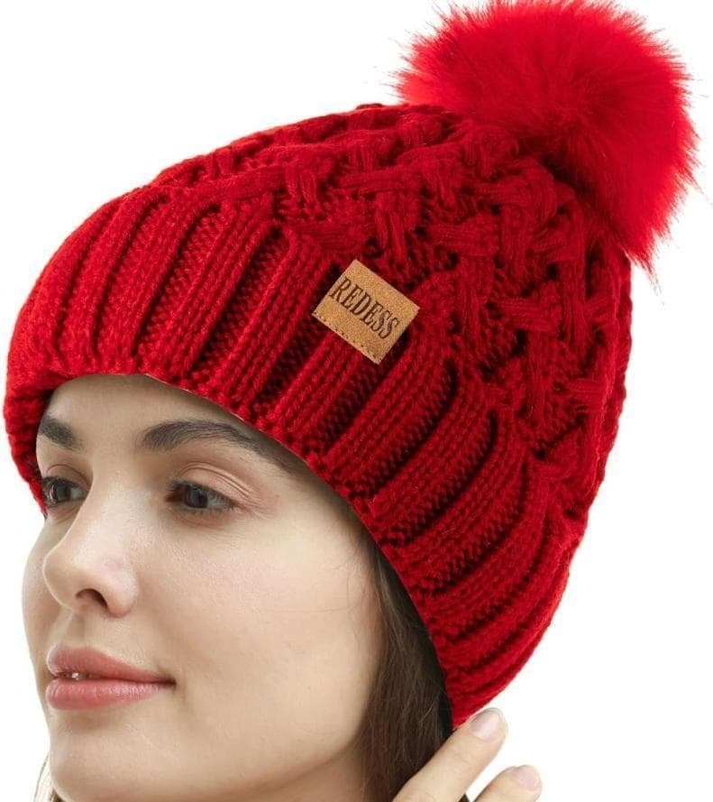 ★レディース 冬用ポンポンビーニー帽 暖かいフリース裏地付き 厚手 ニット帽 赤拍卖