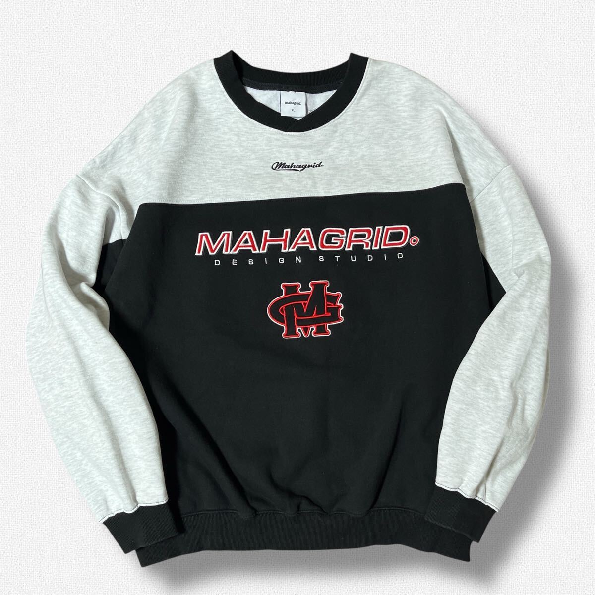 MAHAGRID ヘビーカラーブロックロゴスウェット ブラック×グレー XL●洗濯プレス済●マハグリッド トレーナー 黒 韓国 ストリート 古着/784拍卖