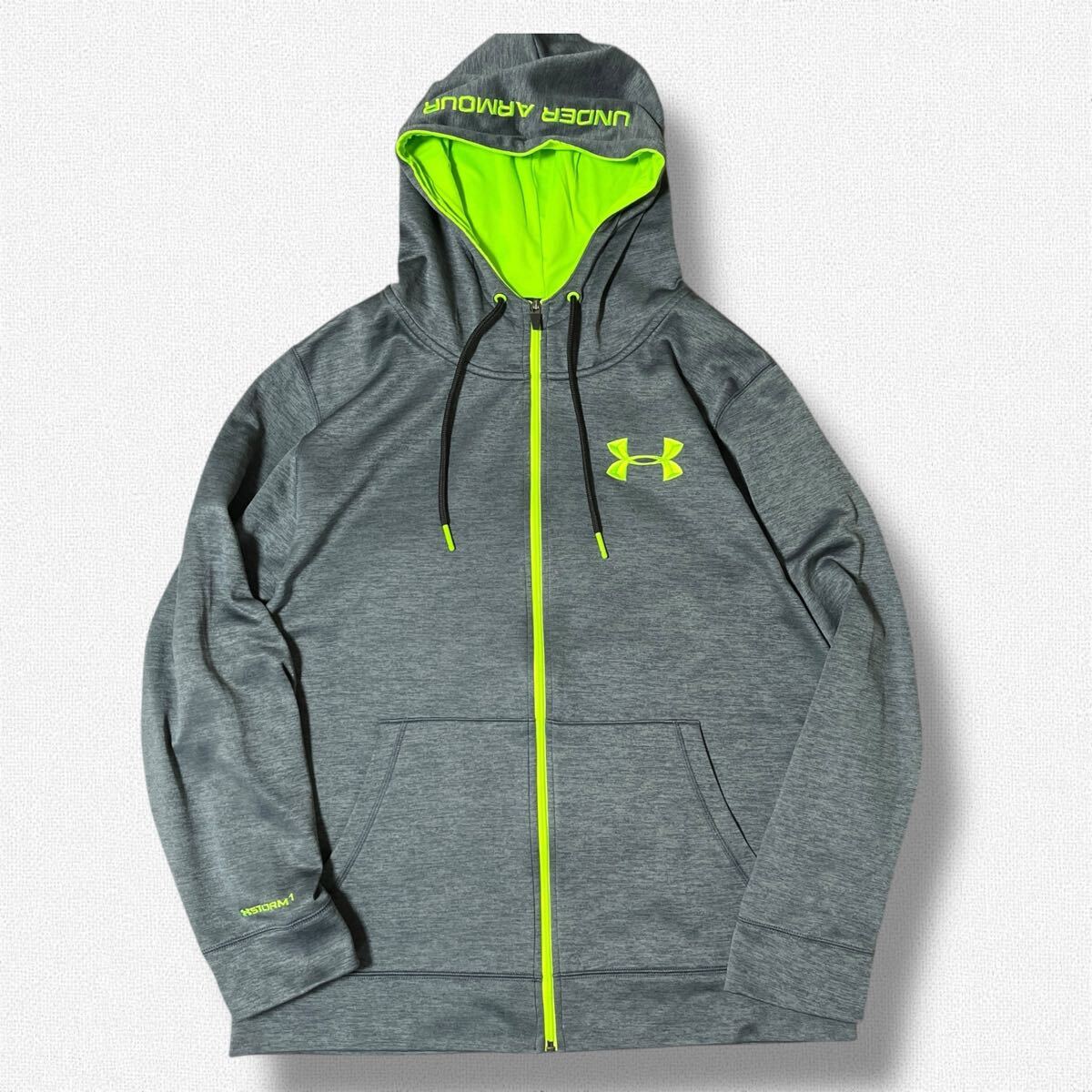 UNDER ARMOUR 長袖フーディー裏フリースジップアップパーカー XL グレー×ライム ●洗濯プレス済● アンダーアーマー ジャケット 古着/787拍卖