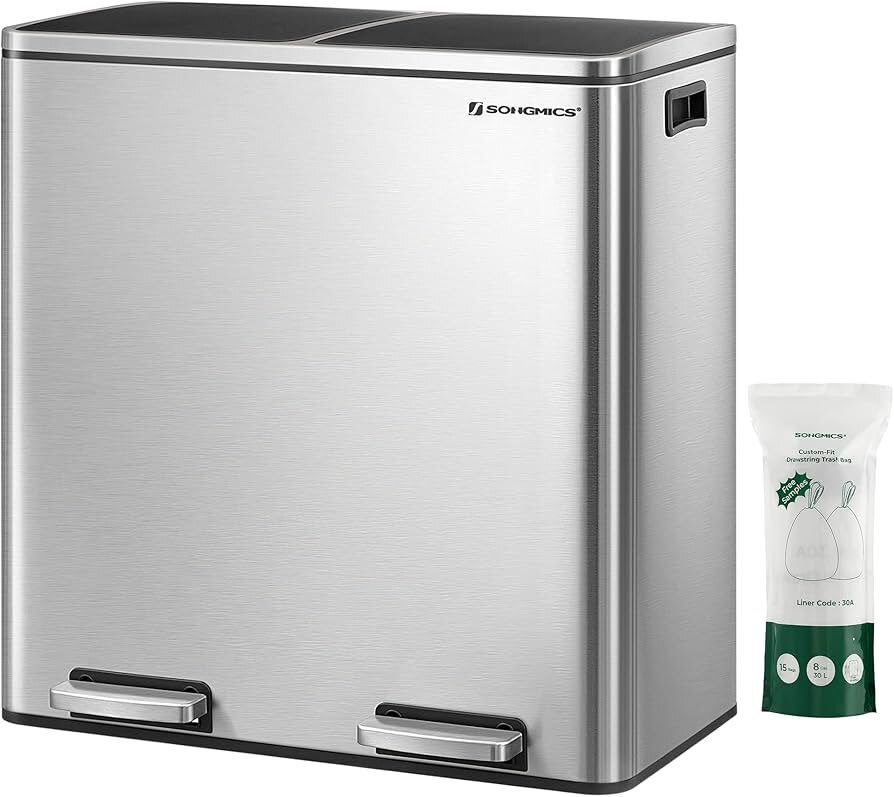 mybest_4865 SONGMICS ゴミ箱 ダストボックス 2分別ペダル式 2x30L インナーバケット二つ ステンレス スリム 蓋付き LTB60NL拍卖
