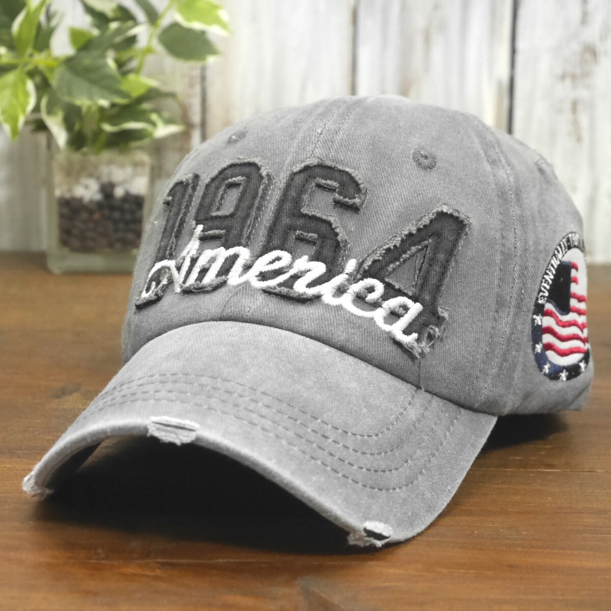 送料\450 1964 America ビンテージ ダメージ 色あせ キャップ グレー サイズ調整可能 男女OK メンズ レディース拍卖