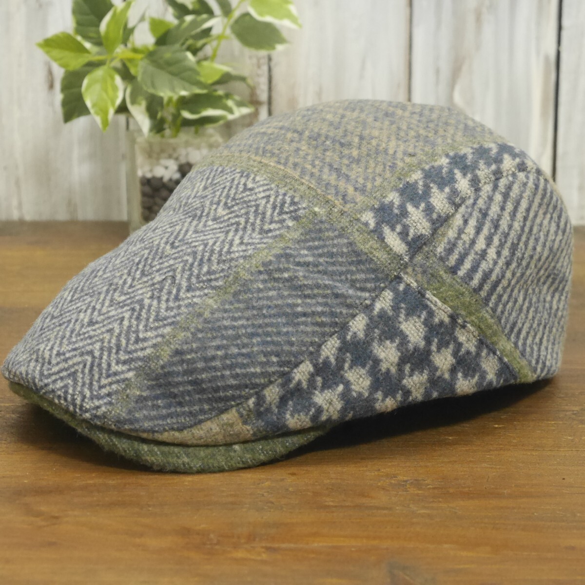 ウール ハンチング つぎはぎ パッチワーク ネイビー グリーン シンプル サイズ調整可 送料\450 男女兼用拍卖