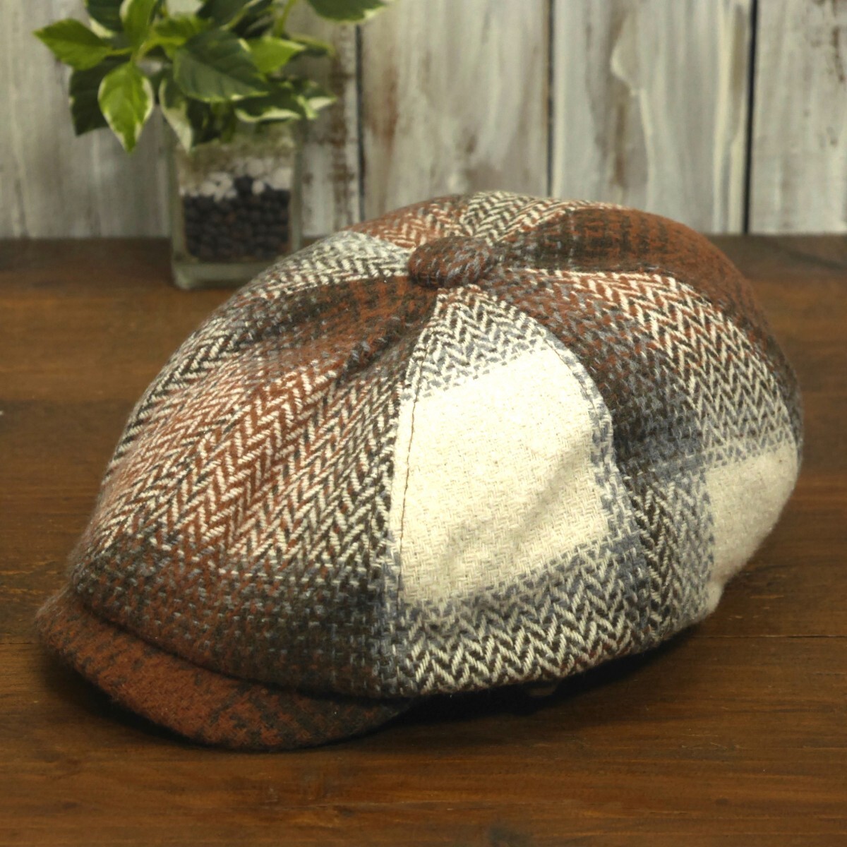 ウール風 キャスケットハンチング ヘリンボーン グラデーション ベージュ カーキ グリーン ニュースペーパー サイズ調整可 送料\450拍卖