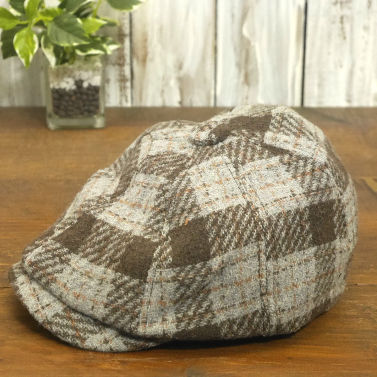 ウール キャスケットハンチング オーバーチェック グレー ブラウン シンプル ニュースペーパー サイズ調整可 送料\450 男女兼用拍卖