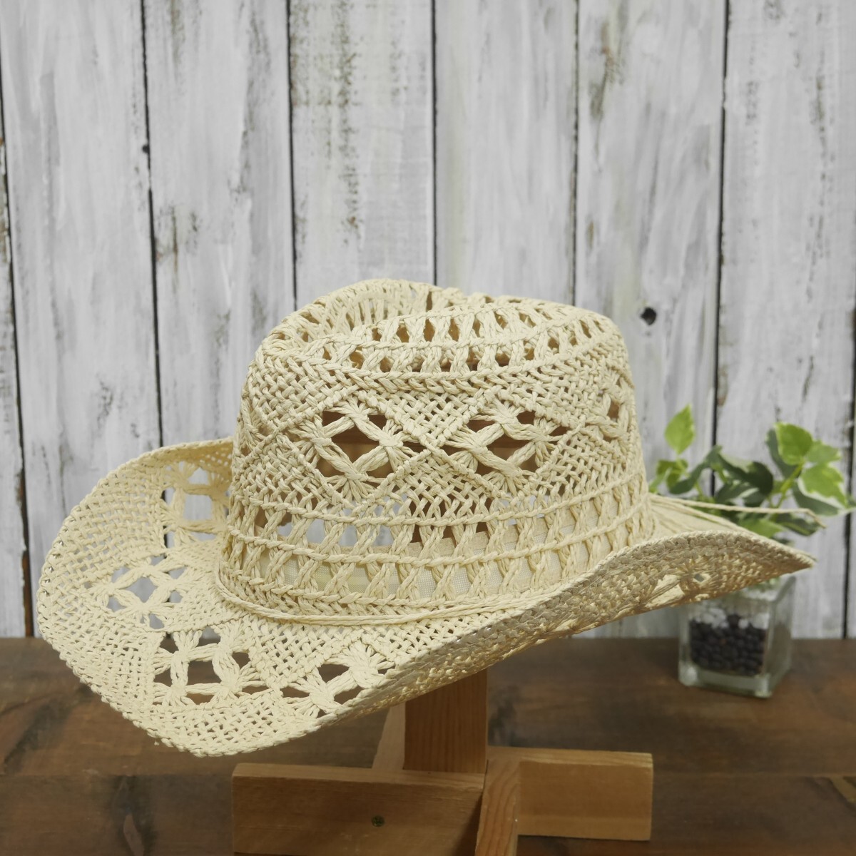 全国一律送料450円 テンガロンハット アイボリー 男女OK メンズ レディース ウエスタンハット シンプル 編み込み拍卖