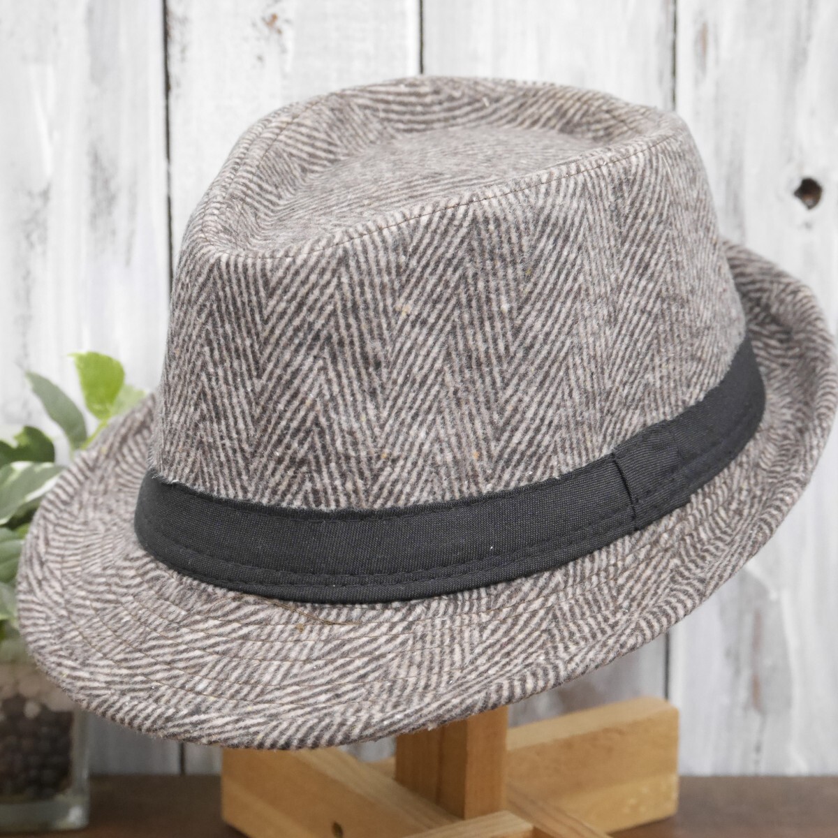 ウール風 ヘリンボーン ブラウン フェドラハット 中折れ 送料\450 男女兼用 ボルサリーノ パナマ拍卖