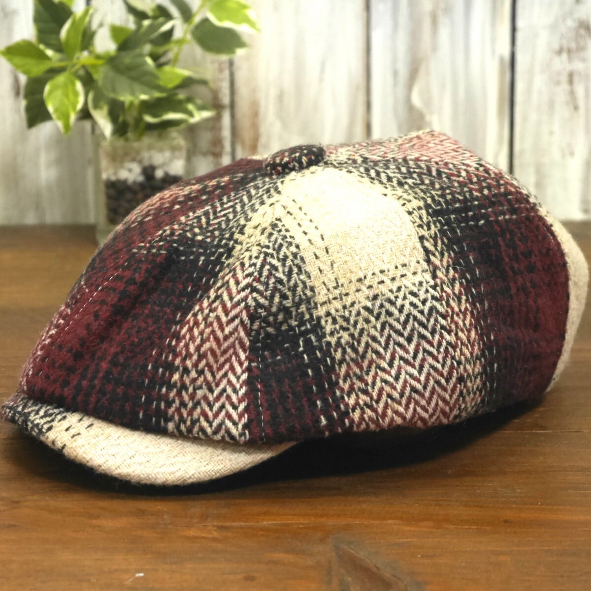 ウール風 キャスケットハンチング ヘリンボーン グラデーション ベージュ レッド シンプル ニュースペーパー サイズ調整可 送料\450拍卖