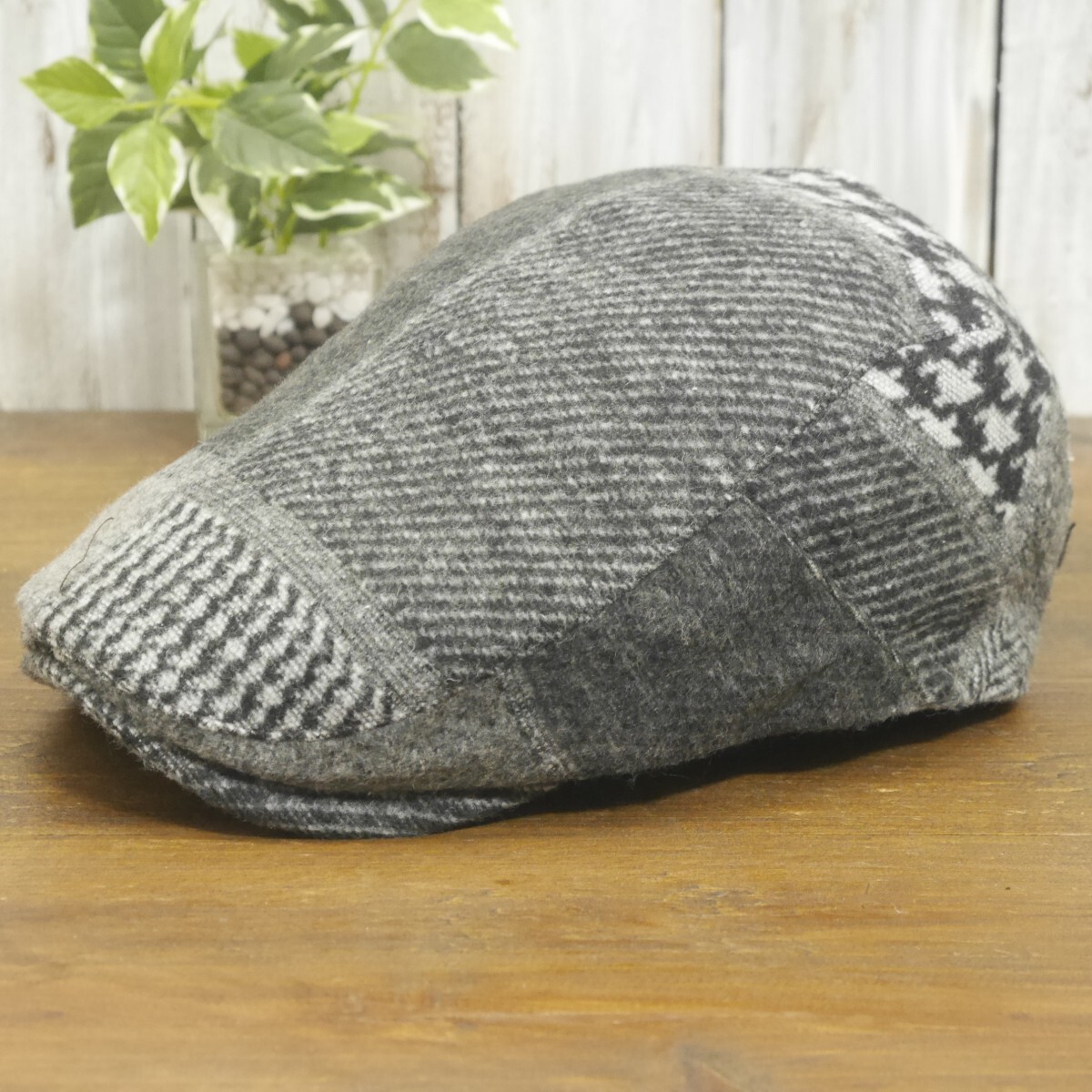 ウール ハンチング つぎはぎ パッチワーク グレー ブラック シンプル サイズ調整可 送料\450 男女兼用拍卖
