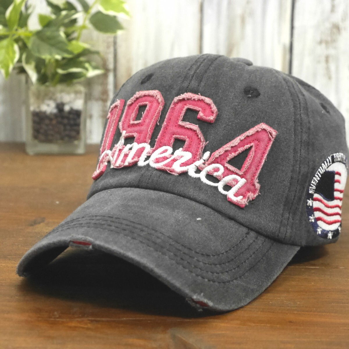 送料\450 1964 America ビンテージ ダメージ 色あせ キャップ ブラック サイズ調整可能 男女OK メンズ レディース拍卖