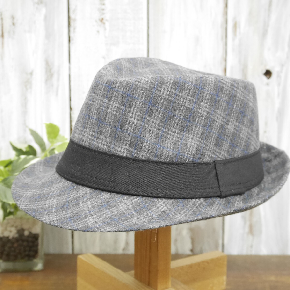 ウール風 ハウスチェック グレー サイズ調整可 フェドラハット 中折れ 送料\450 男女兼用 ボルサリーノ パナマ拍卖