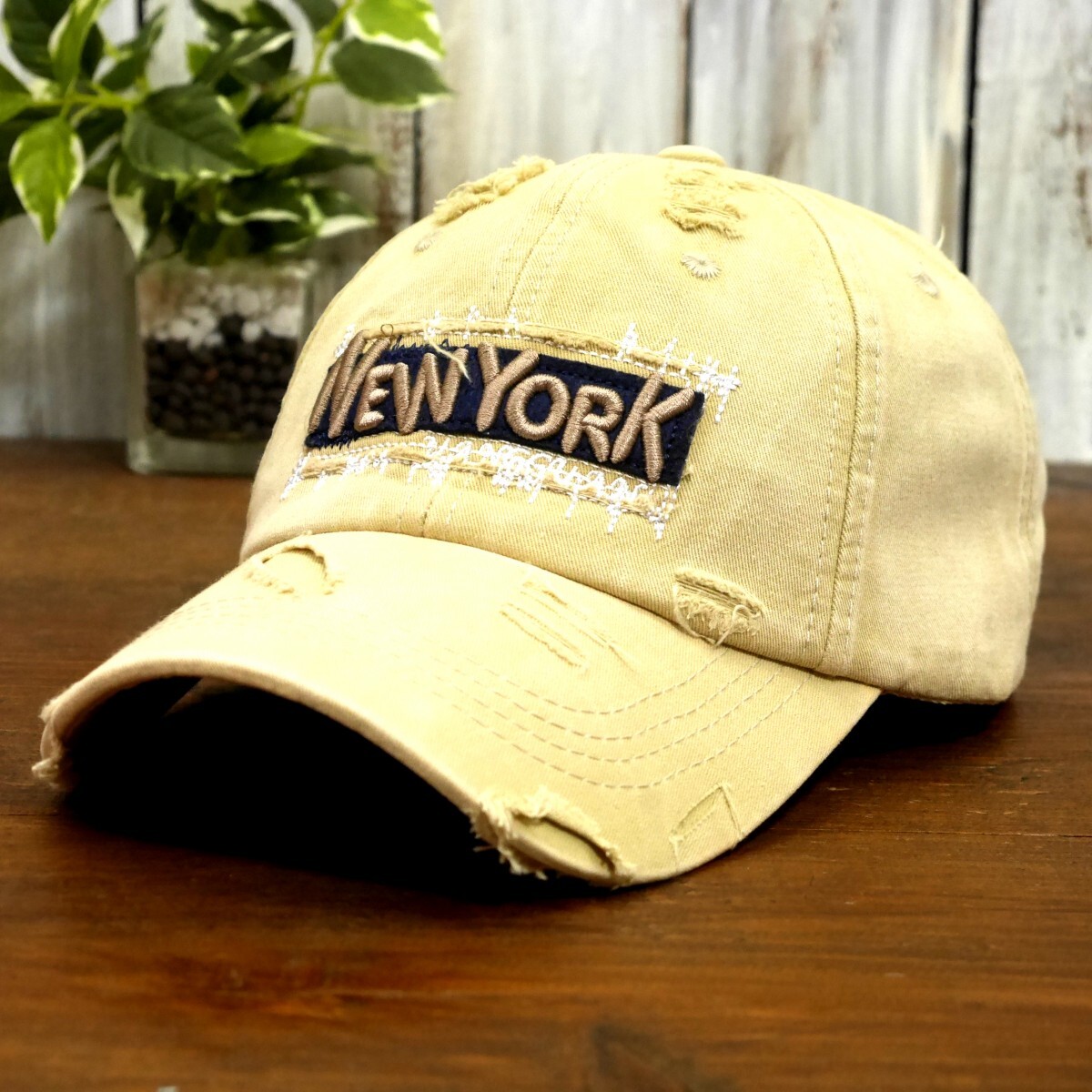 NEW YORK ビンテージ ダメージ 色あせ キャップ ベージュ サイズ調整可能 送料\450 男女OK メンズ レディース拍卖