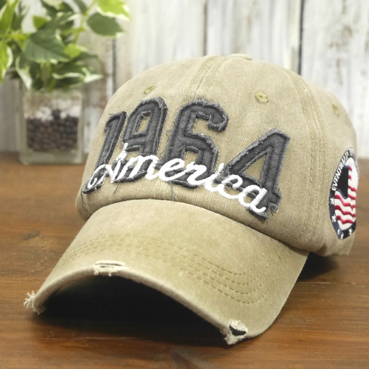 送料\450 1964 America ビンテージ ダメージ 色あせ キャップ ベージュ サイズ調整可能 男女OK メンズ レディース拍卖