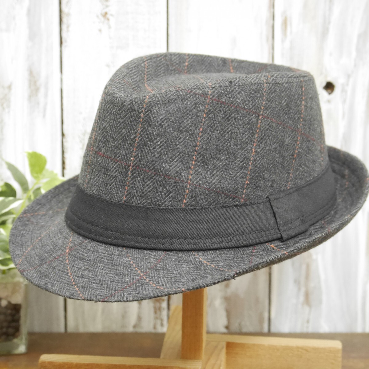 ウール風 チェック ヘリンボーン ブラック サイズ調整可 フェドラハット 中折れ 送料\450 男女兼用 ボルサリーノ パナマ拍卖