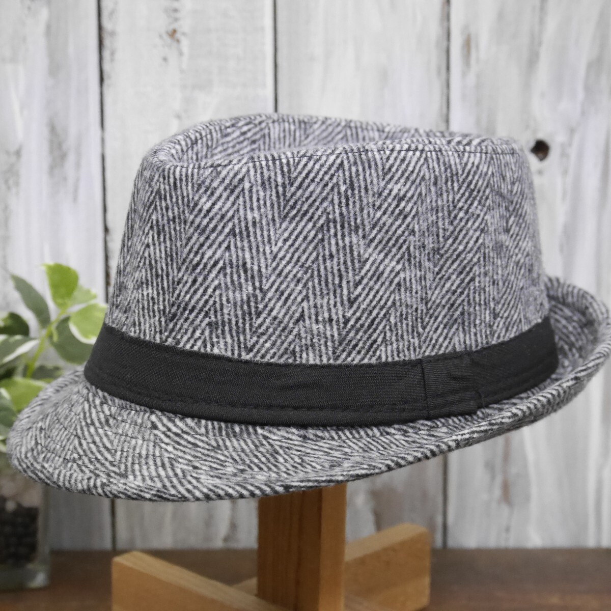 ウール風 ヘリンボーン グレー フェドラハット 中折れ 送料\450 男女兼用 ボルサリーノ パナマ拍卖