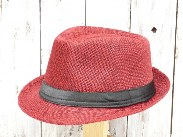 全国一律送料450円 フェドラハット シンプル リネン風 麻 レッド 男女OK 子どもサイズあり!親子コーデ♪ 中折れ拍卖