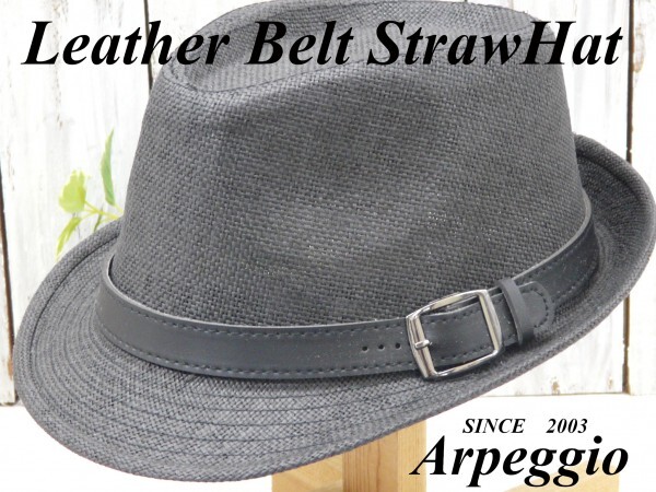 レザーベルト ストローハット 中折れ ブラック フェドラハット 送料\450 男女OK メンズ レディース パナマ ボルサリーノ拍卖
