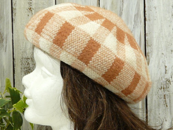 ふわふわ アンゴラ ベレー チェック ブラウン ホワイト 送料\350 サイズ調整可能拍卖