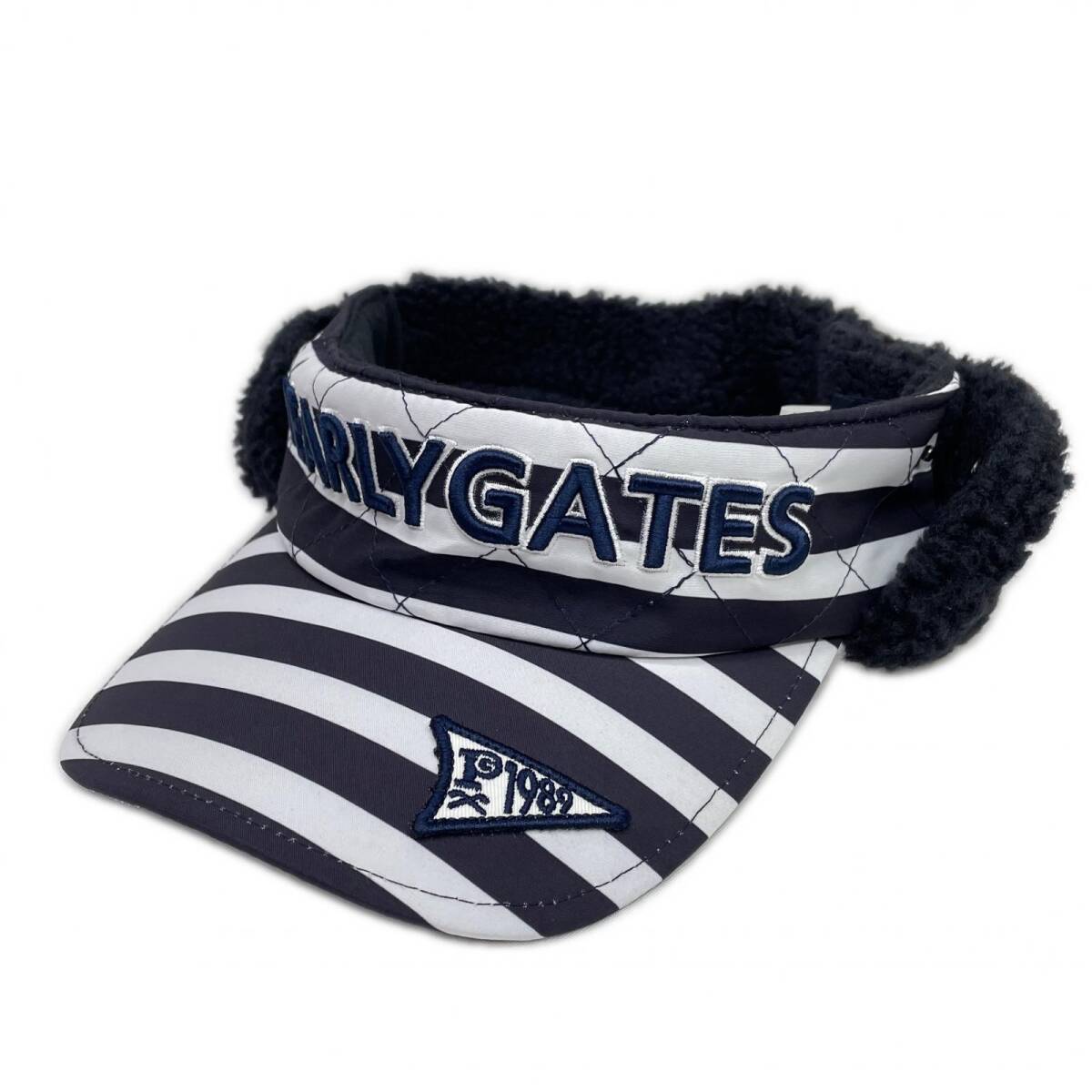 coco 中古 パーリーゲイツ PEARLY GATES サンバイザー ネイビー×ホワイト マリン ボーダー 耳当て付き レターパックプラス発送可 K023972拍卖