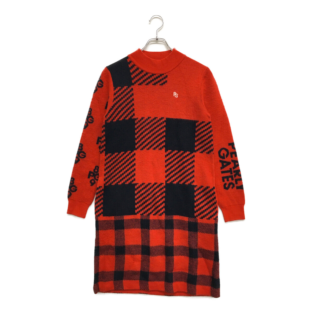 coco 中古 パーリーゲイツ PEARLY GATES レディース ワンピース 0(S) 赤×紺 ニット 長袖 チェック レターパックプラス発送可 K022442拍卖