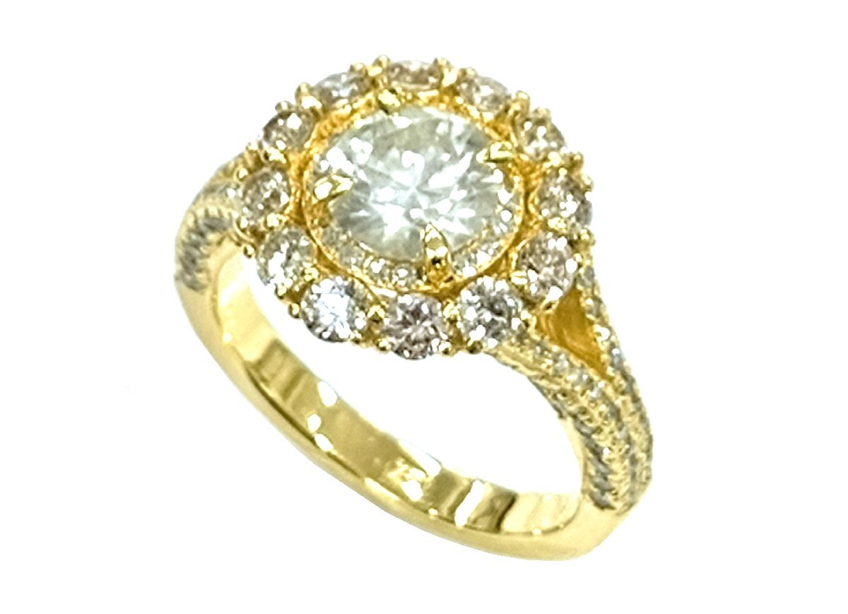 750YGダブルヘイローラウンドカットダイヤモンドリング D1.7ct D1.07ct 約6.4g #12.5 ジュエリー拍卖