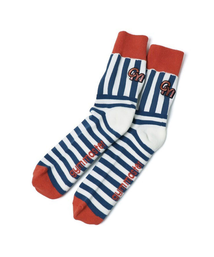 <25-27cm><ホワイト×ネイビー(01)>gym master ジムマスター GYM刺繍ストライプボーダーソックス G666752 靴下拍卖