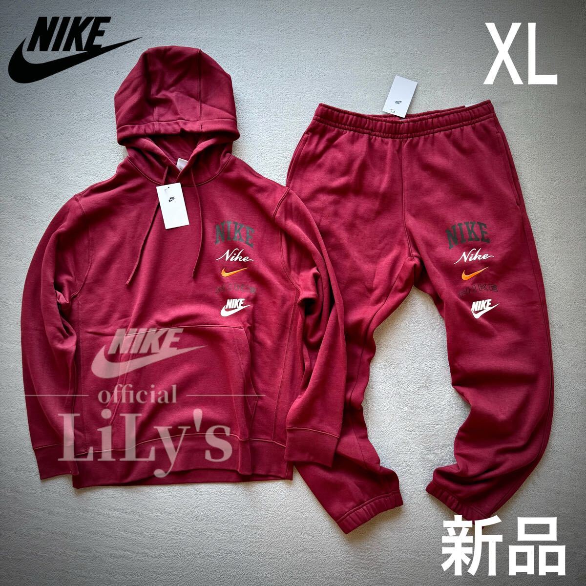 【XLサイズ】新品未使用 ナイキ上下セットアップ バーガンディ オレンジ プルオーバーパーカー ワインレッド NIKE FN2635 FN2644拍卖