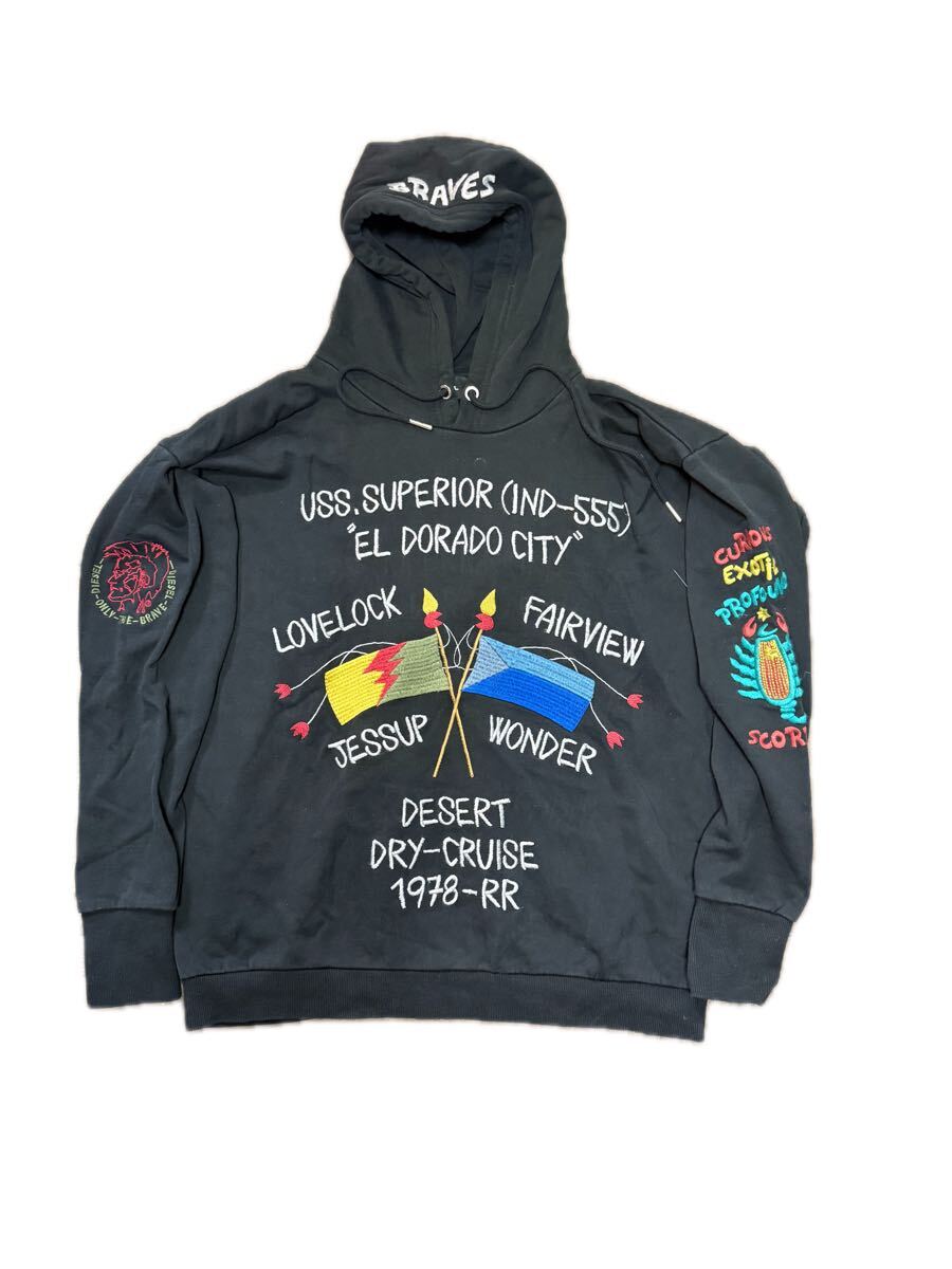 美品/L相当★ディーゼル DIESEL スカ刺繍 スカジャン パーカー フーデット ボンバージャケット 希少モデル メンズ 黒 ベトジャンスウェット拍卖