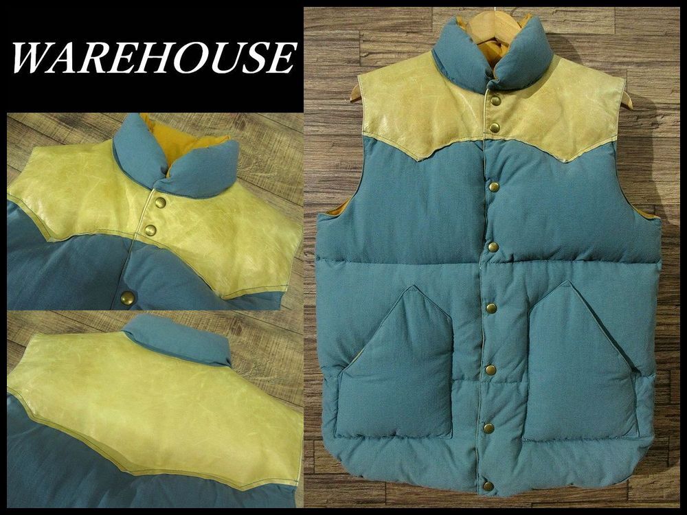 ◆ WAREHOUSE Dubble Works ウエアハウス ダブルワークス ビンテージ 復刻 レザーヨーク グース ダウン ベスト ミントグリーン/タン M拍卖