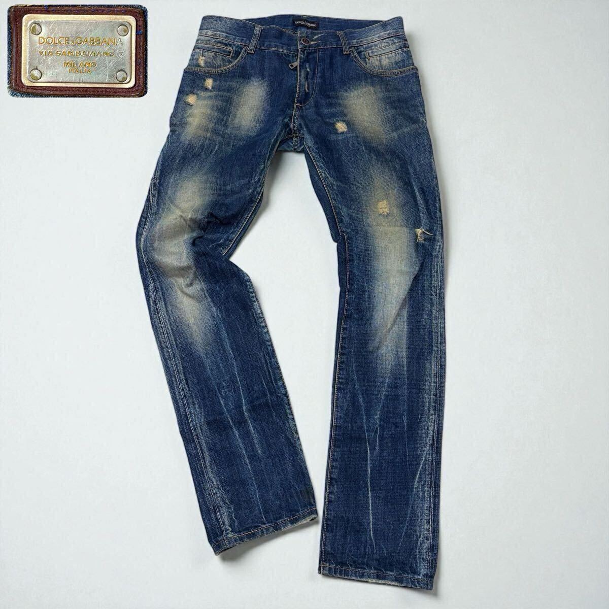 DOLCE&GABBANA ドルチェアンドガッバーナ ドルガバ デニム ジーンズ ジーパン ダメージ加工 ロゴプレート ヒゲ 46インチ ウエスト86cm拍卖