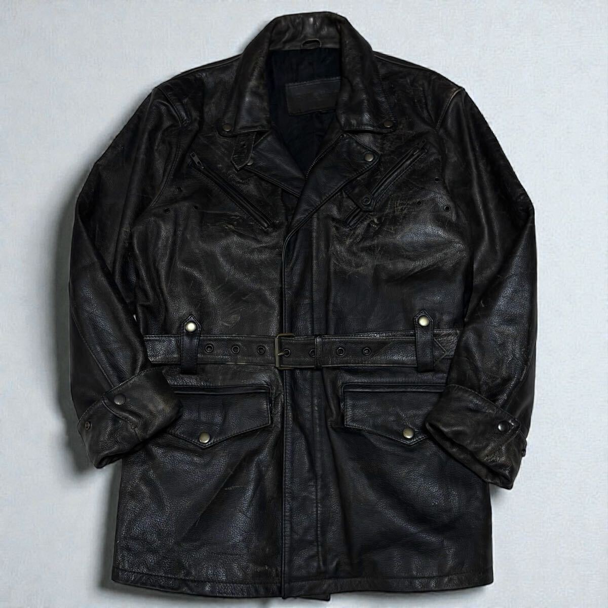 【極上の逸品】 レザーコート レザージャケット ダブルライダース カーコート ベルト カウレザー 牛革 Mサイズ ブラック 黒 ヴィンテージ拍卖