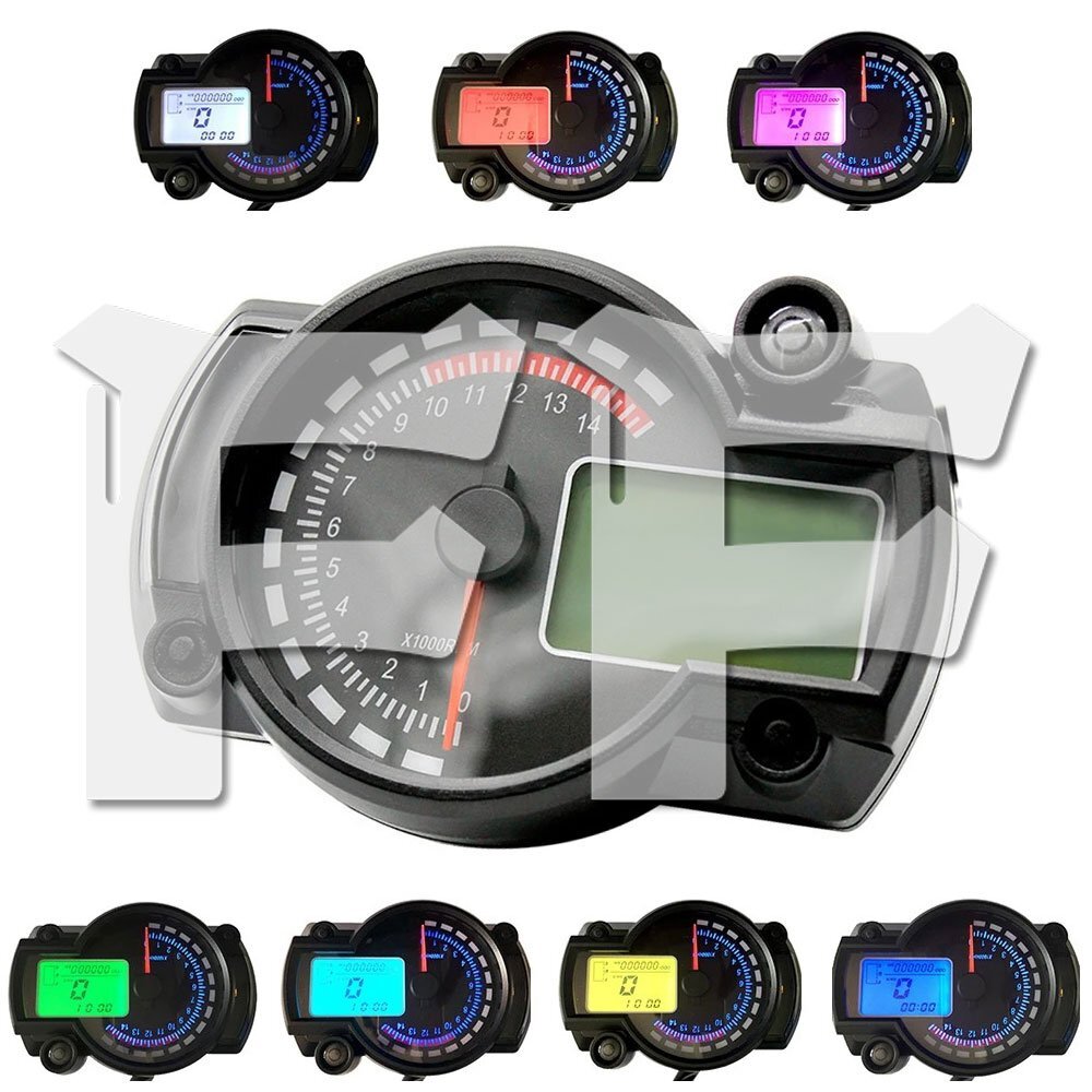 送料無料.. 12V ユニバーサル スピードメーター 7色LCDデジタル走行距離計 メーターダッシュボード オートバイ KTM/ホンダ/スズキ 汎用拍卖