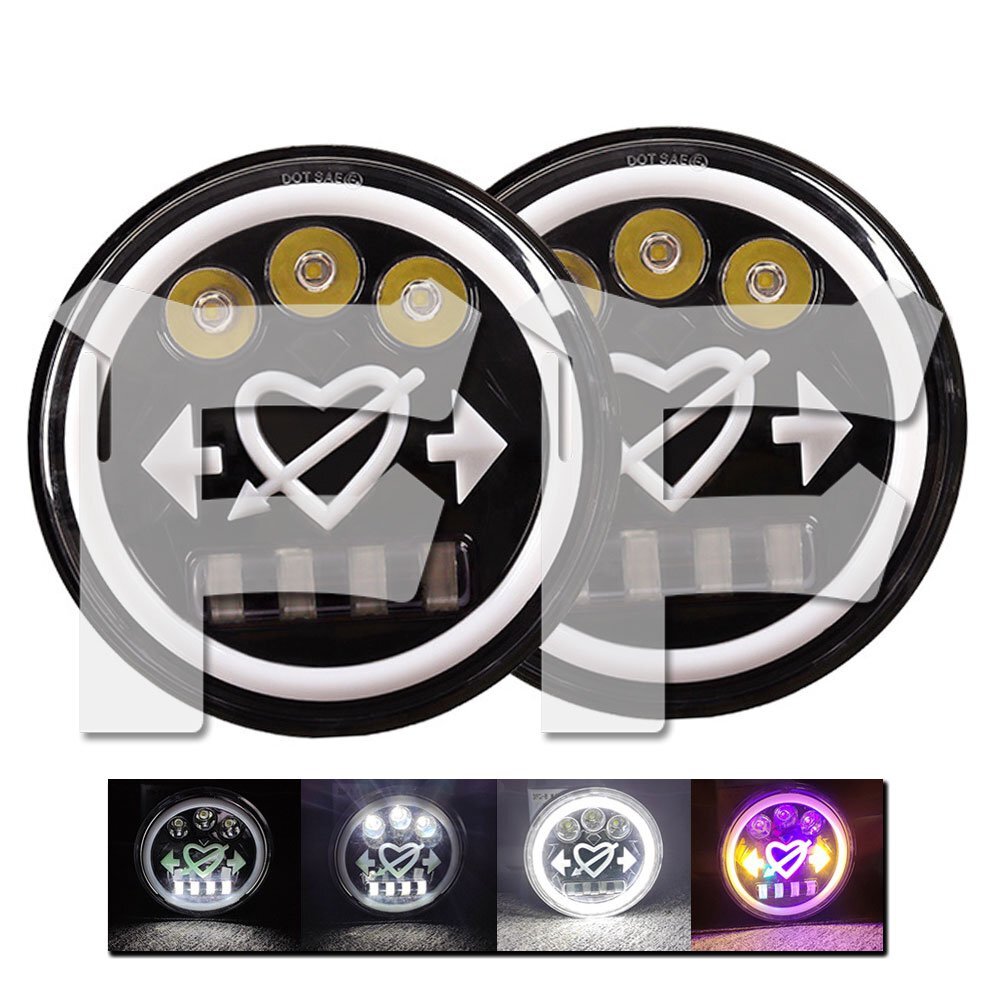 7インチ LED ヘッドライト H4.HI.Low.ディライト RGB ハートマーク ジープ JK ジムニー ハマー 12V/24V JK-Heart 車検対応 2個拍卖