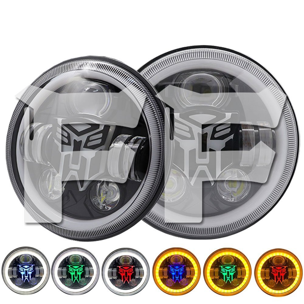 送料無料.. 7インチ LED ヘッドライト H4.HI.Low.ディライト RGB ジープ ジムニー ハマー トランスフォーマー 12V/24V JK-TF 2個 車検対応拍卖