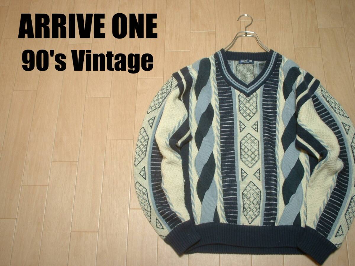 90sビンテージARRIVE ONE立体3DニットウールセーターL総柄アートネイティブ柄フィッシャーマンズノルディックCOOGIMULKASUAVE拍卖