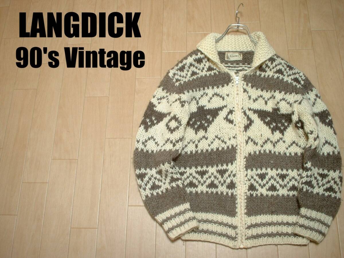90sビンテージLANGDICKネイティブ柄カウチンセーターMサンダーバードグッドカラーハンドニットインディアンカナディアンカーディガン拍卖