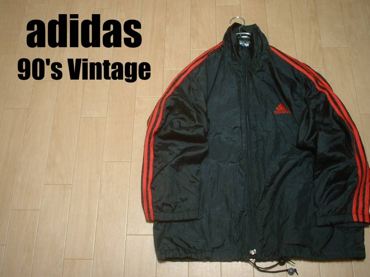 90sビンテージadidasナイロントラックジャケットL黒ブラック赤レッド正規アディダスジャージトップスリーストライプスパフォーマンスロゴ拍卖