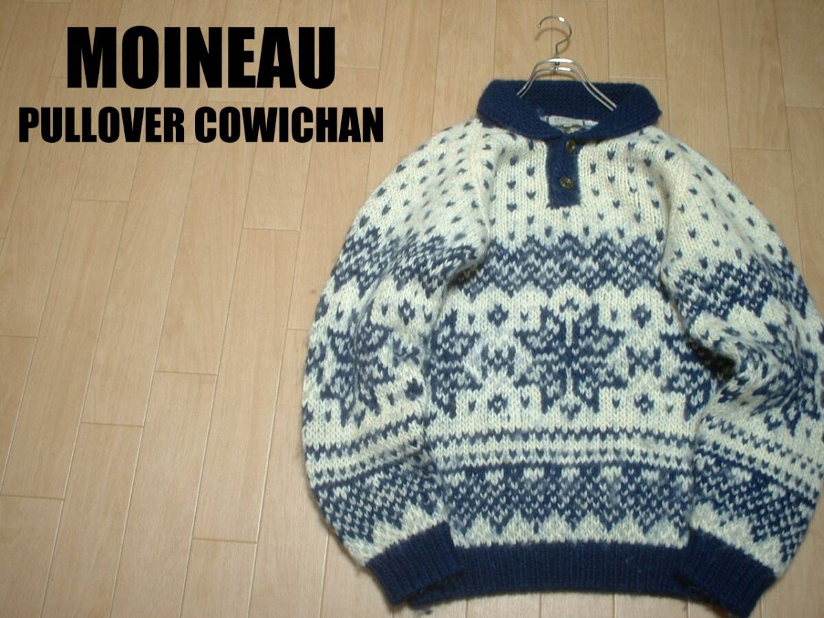 90sビンテージMOINEAUプルオーバーカウチンセーターMグッドカラーネイティブ柄カナディアンカーディガンサンダーバード肉厚柔らかウール拍卖