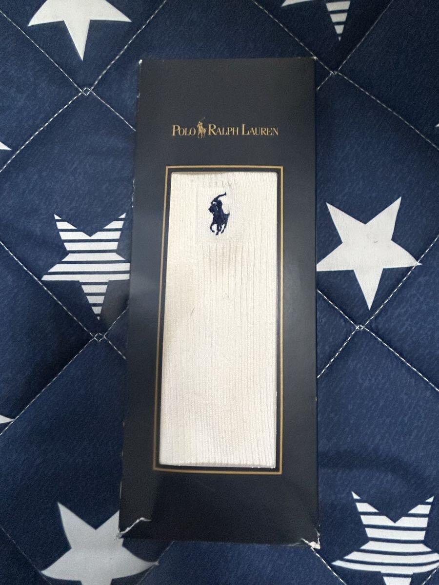 新品 箱付 RALPH LAUREN ラルフローレン 靴下 24-26 男性 ソックス 白 ホワイト ポロ POLO 毛 ナイガイ 紳士 刺繍 拍卖
