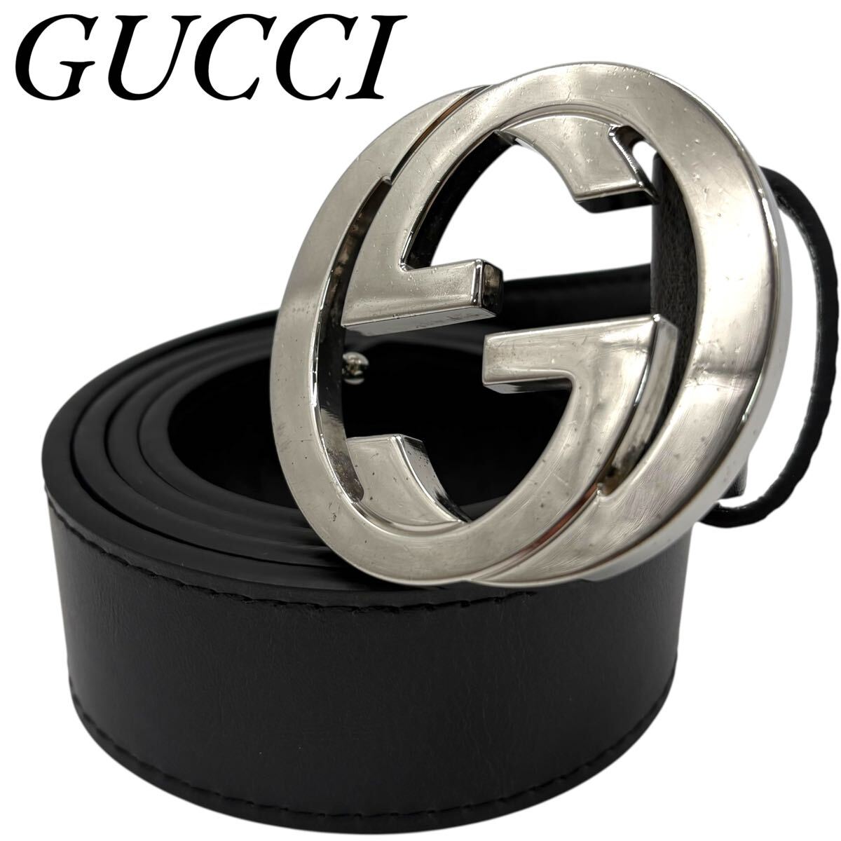 【美品/最高級】GUCCI グッチ ベルト インターロッキング デカロゴ GG レザー ブラック 黒 シルバー 銀 通勤 仕事 ビジネス メンズ 4cm幅拍卖